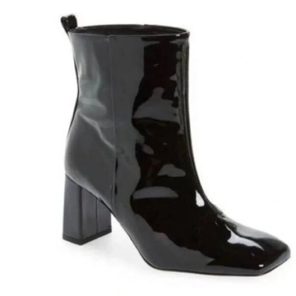 Good American Black Patent Leather Ankle Boots GA165P-X Glossy Square Toe - Picture 1 of 12